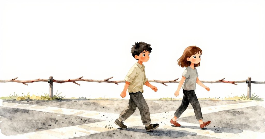 Rafael與Bethan在寬闊交叉口攜手前行，腳下濺起碎石，象徵性彎枝靜立，夕陽映襯冒險結束與新起點。