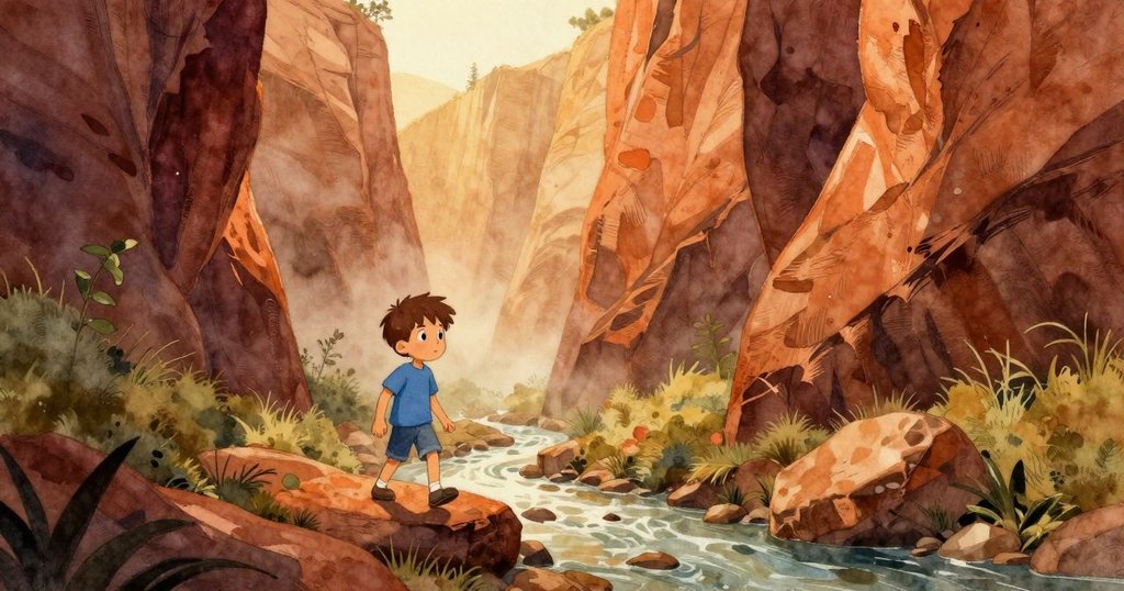 Niles正走在晨霧瀰漫的峽谷中，柔和光線照亮狹窄溪流與鐵欄杆，展現探索與沉思情緒。