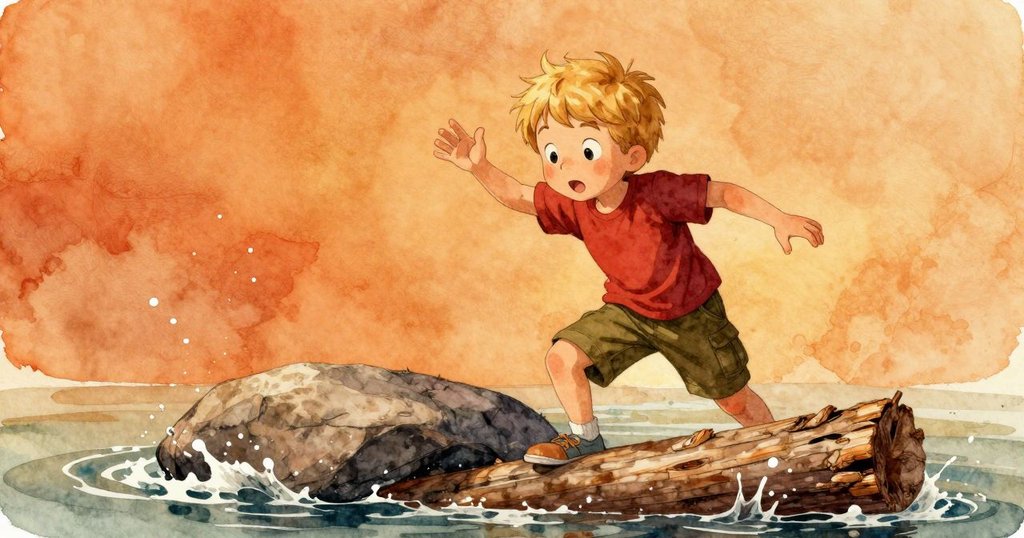 Troy站在石板邊，揮手鼓勵兄長，背景中有半淹原木與水花，充滿活力與溫暖氣氛。