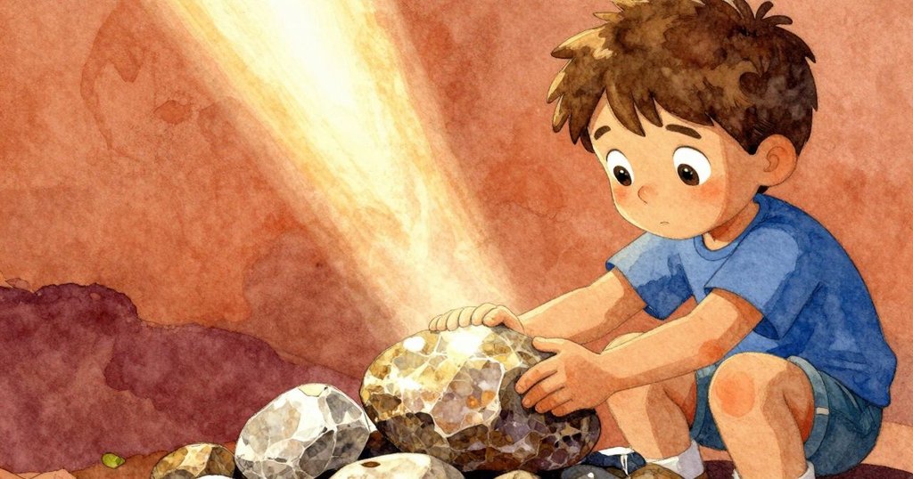 Niles小心放置石板，頭頂石英脈上明亮光束反射於牆面，展現探索中發現自然之美的情感。