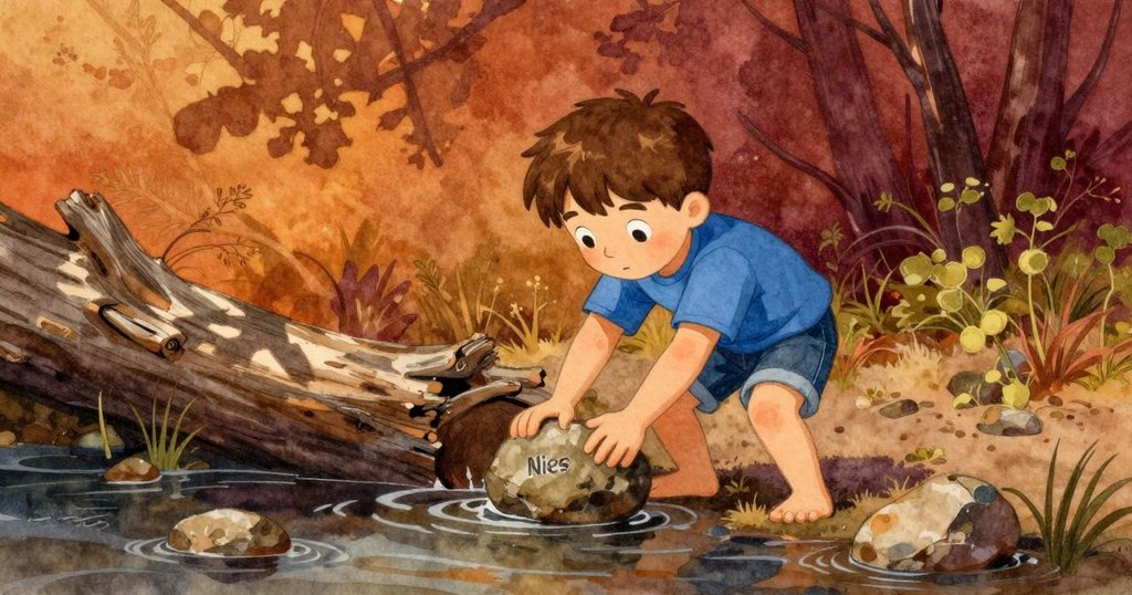 Niles在隱蔽角落從半淹原木陰影中取出第二塊石板，水流輕拂，展現他專注與謹慎的探索態度。