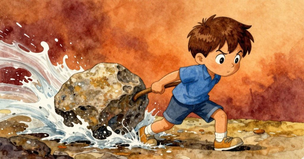 Niles全力拉動沉重石板，周遭水流奔湧發出嗶嗶聲，他專注移除中間石板，氣氛顯得緊張激昂。