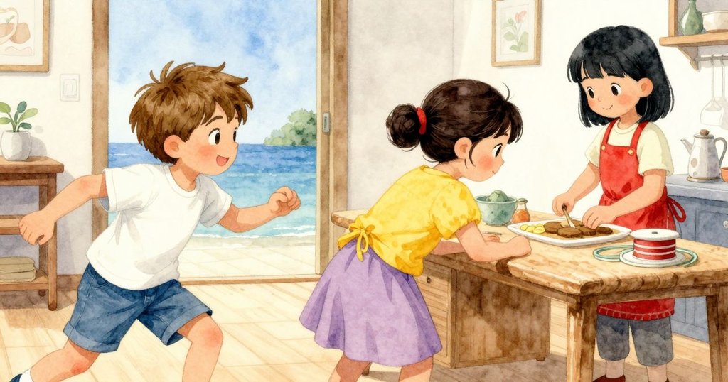 客廳中一隻手操作打氣機，旁邊卷軸正在輕輕轉動，營造出活潑對比與溫暖室內光線