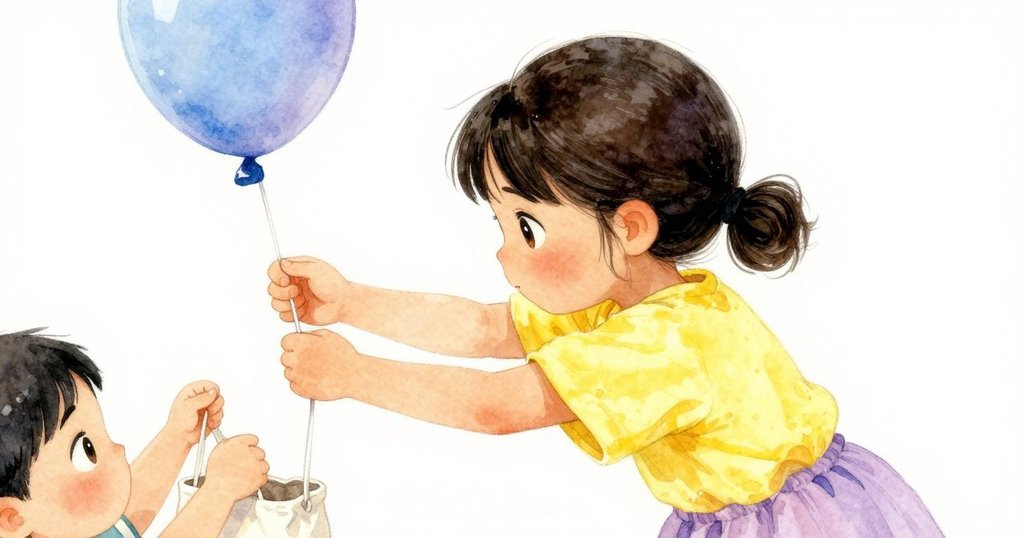 從Liora背後觀看，她專注地拉伸氣球，準備好與打氣機接合，背景隱約見到裝飾物，氛圍溫柔