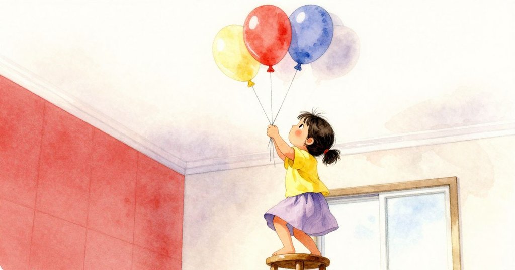 Liora站在矮凳上，專注地將三個氣球綁在天花板隱藏的鉤子上，氣球表面閃耀著溫暖燈光