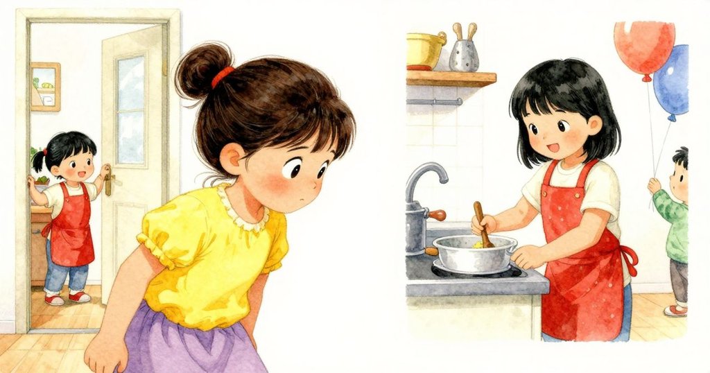 Flora從廚房門口微笑呼喚，Liora在氣球和紙屑中忙碌著，展現出活潑且溫馨的互動