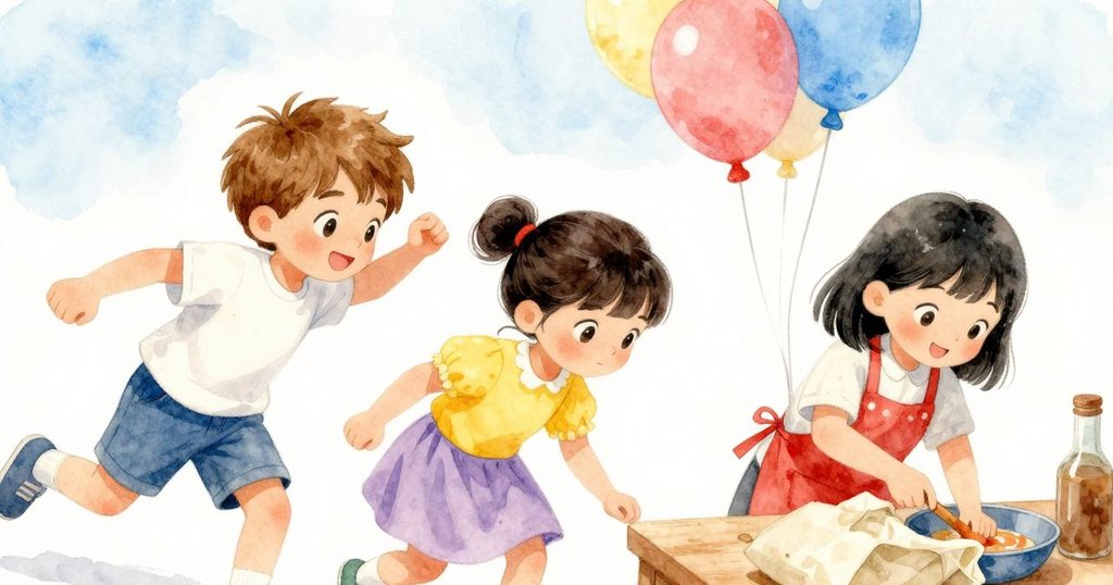 最終氣球群輕輕搖晃，閃爍著溫柔光點，空袋靜靜放在客廳角落，表現出平靜與完成