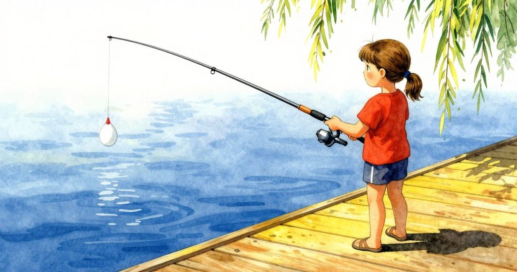 Frida在明亮碼頭輕敲釣竿,浮標向柳樹根部漂移,背景藍水和陽光交織,表情專注期待露出好奇心。