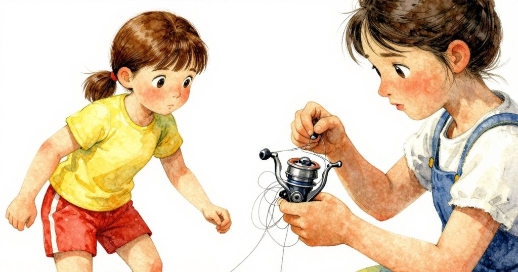 Frida專注調整捲軸,特寫她手中緊握糾結的釣線,呈現出細膩金屬光澤與堅定專注情緒。