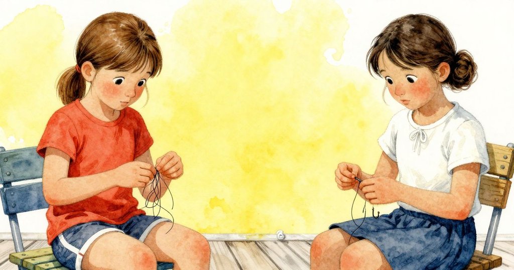 Frida在處理捲軸糾結,Adele坐於碼頭椅上整理釣鉤,畫面分割展示姐妹互助,氛圍安靜從容。