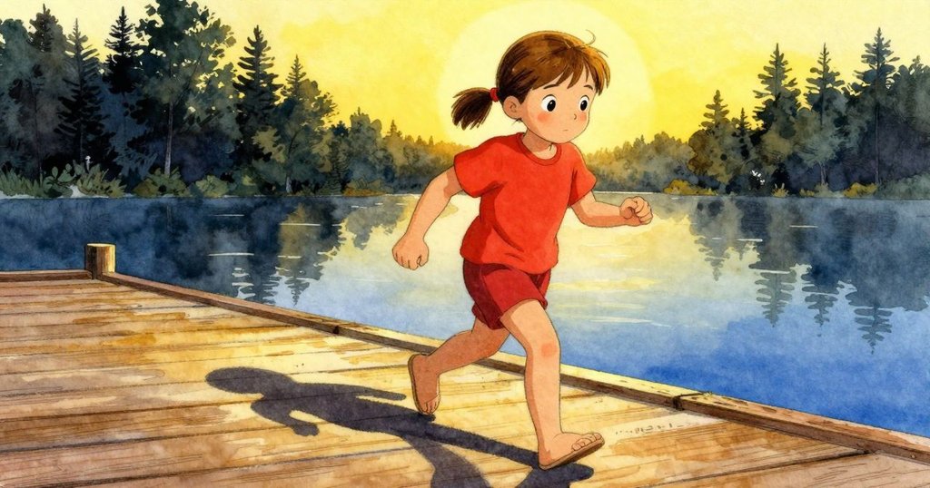 Frida步入陰影區,感受冰涼木板,夕陽餘暉下柳樹輕搖,畫面呈現過渡與寧靜感。