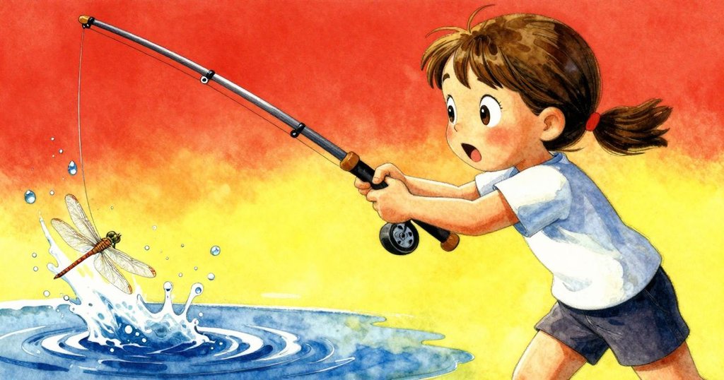 一瞬間,龍蜻蜓撞擊水面,Frida驚訝神情顯現,釣竿猛甩帶出最後餌料脫落,水花四濺。