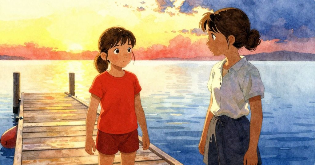 夕陽餘輝中,空碼頭靜謐,紅浮標輕扣柱子,Frida與Adele遠去返家,畫面充滿溫暖與寧靜。