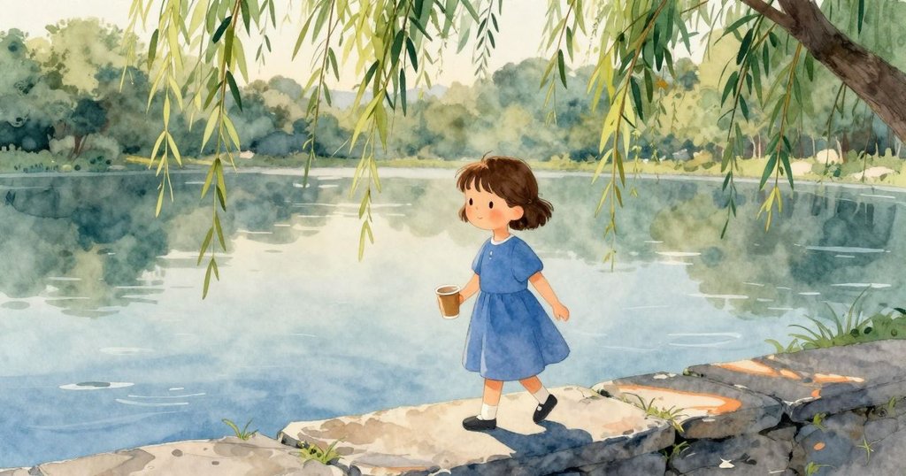 Esme站在池塘邊石頭緣，手中持著紙杯，清晨薄霧中柳條飛舞，充滿期待與平靜