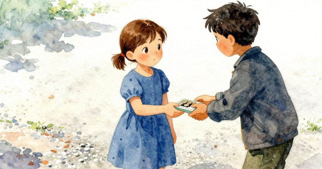 從背後視角看見Esme走向顆粒機旁Finn，Esme遞上硬幣，Finn在口袋中尋找零錢，背景有細碎石子與水霧