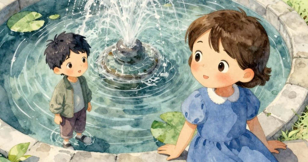 高角度俯視池塘全景，噴泉霧氣輕紗覆蓋，睡蓮叢和石上雕刻的魚紋細節展現歷史感