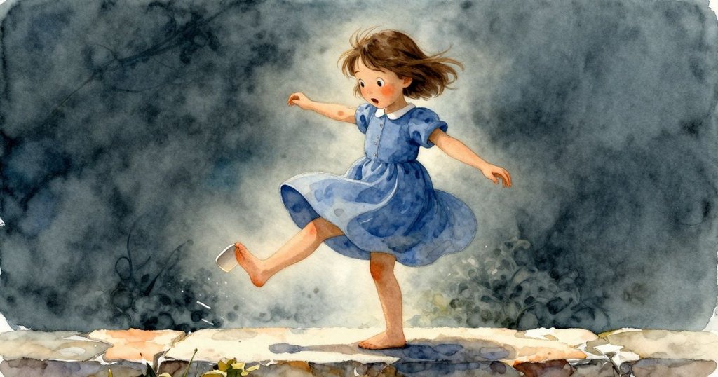 紙杯在風中旋轉衝向Esme腳踝，她驚訝的神情清晰可見，動態瞬間定格在石頭邊緣