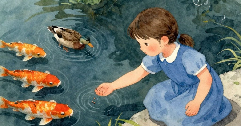 Esme輕輕傾倒三顆小粒子於池塘陰影邊緣，琥珀色鯉魚吞食餌料，鴨子穿梭噴霧中，氛圍寧靜和諧