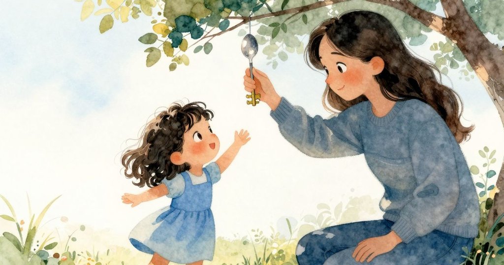 哈勒周圍戶外場景, 物品閃亮散落, 銅鑰懸掛於樹皮上, 溫暖光線映照, 故事開始埋下伏筆