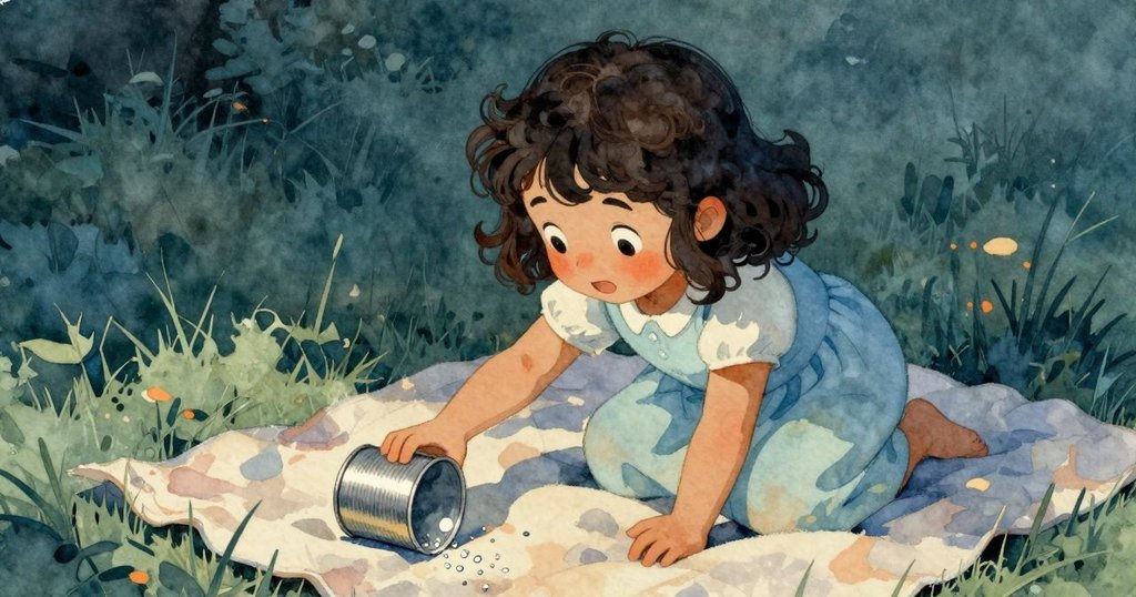 哈勒在草地上發現倒翻銅杯, 珠子灑落, 表情專注伸手撿拾珠子, 充滿好奇與期待, 故事進展