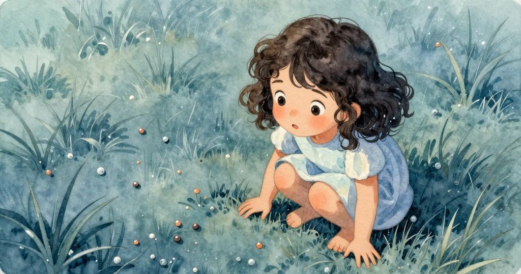 哈勒從高處俯視散落珠子, 蹲下仔細觀察, 面露驚奇與思索, 清晨柔和光線, 故事情感深化