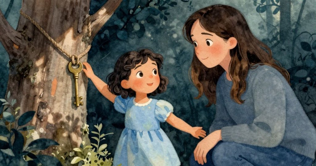 隱秘角落中, 銅鑰在粗糙繩結懸掛於樹皮上, 自然光線斑駁, 營造神秘平靜氛圍, 引人深思