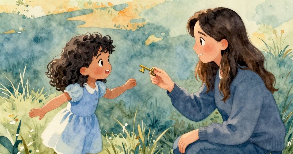 成年女子與年輕女孩溫柔互動, 女子合上書本, 輕輕將銅鑰遞給哈勒, 神情溫暖, 共享寧靜時光, 故事邁向高潮