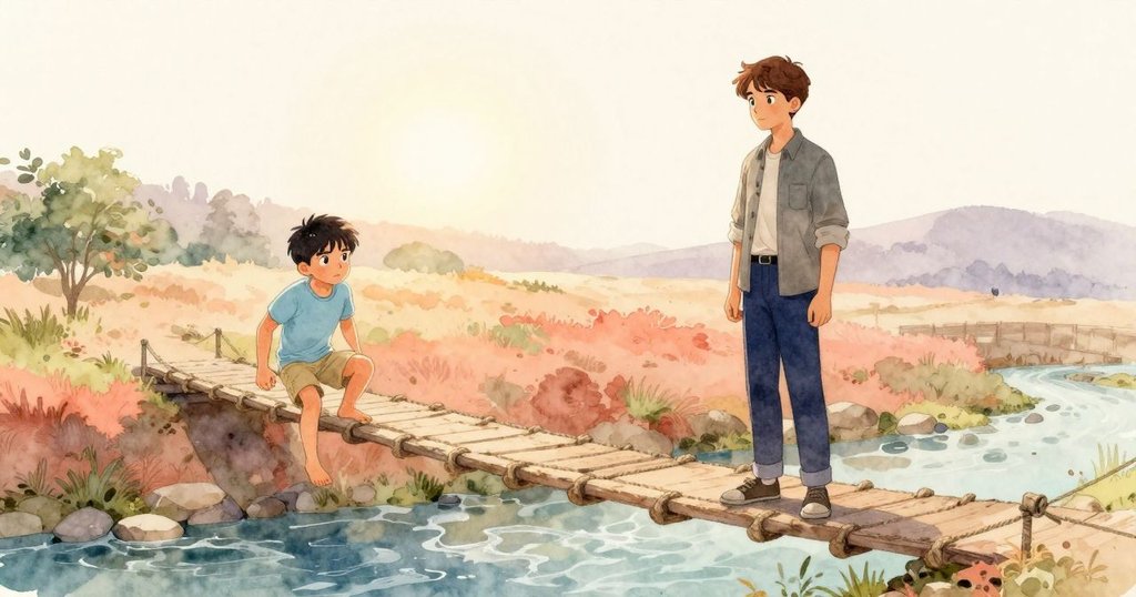 Dashiel正站在搖晃繩橋入口處，Orion在遠處把控秒表，戶外自然背景，充滿冒險與期待，情節從開始邁向發展