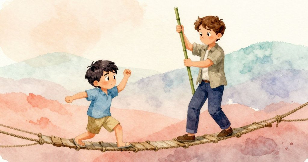 Dashiel在搖晃的繩橋上運用竹竿保持平衡，Orion在背景中注視，情節逐步推進，展現緊張與期待的發展