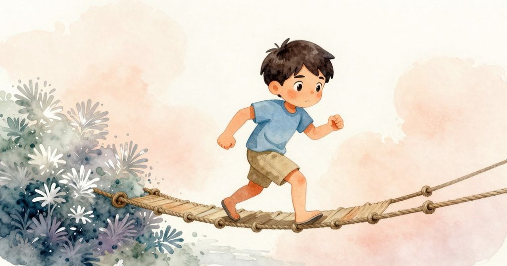 Dashiel在繩橋上小心前進，身旁矮樹葉片閃爍銀光，調整杯子保證不洩漏，情節進入關鍵發展階段