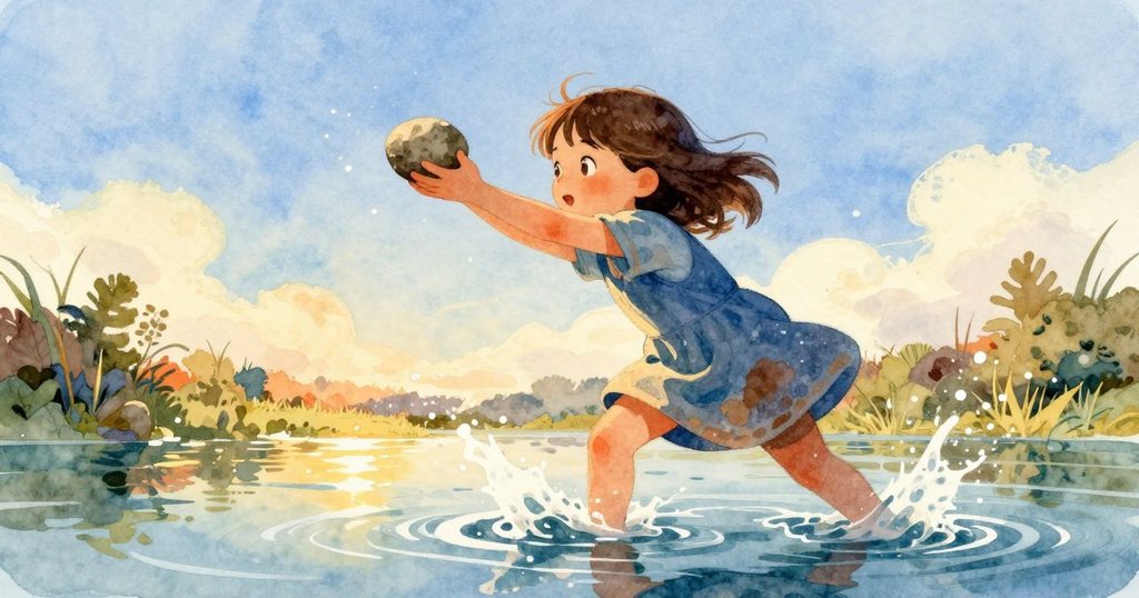 Bea在海邊用力投擲石盤，水面跳躍飛濺，背景有蘆葦和卵石，充滿早晨活力與好奇心