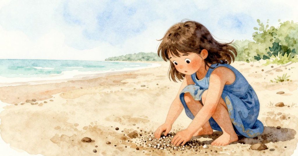 Bea蹲在沙灘上仔細挑選石頭，手指觸摸顆粒質感，背景空曠而靜謐，流露專注與期待