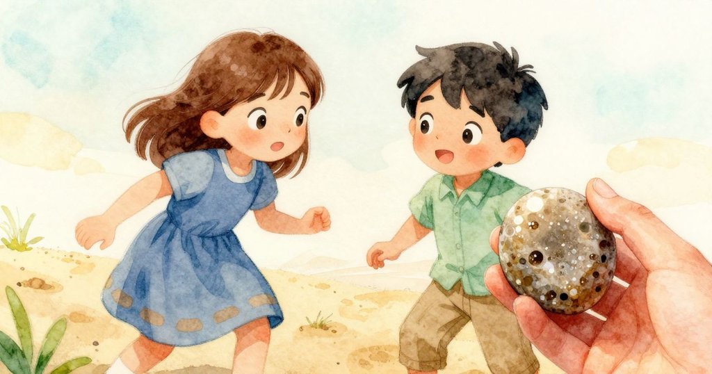 Bea專注地將兩塊卵石輕握於掌中，細膩光影突顯石面質感，臉上流露出驚喜與發現的情緒