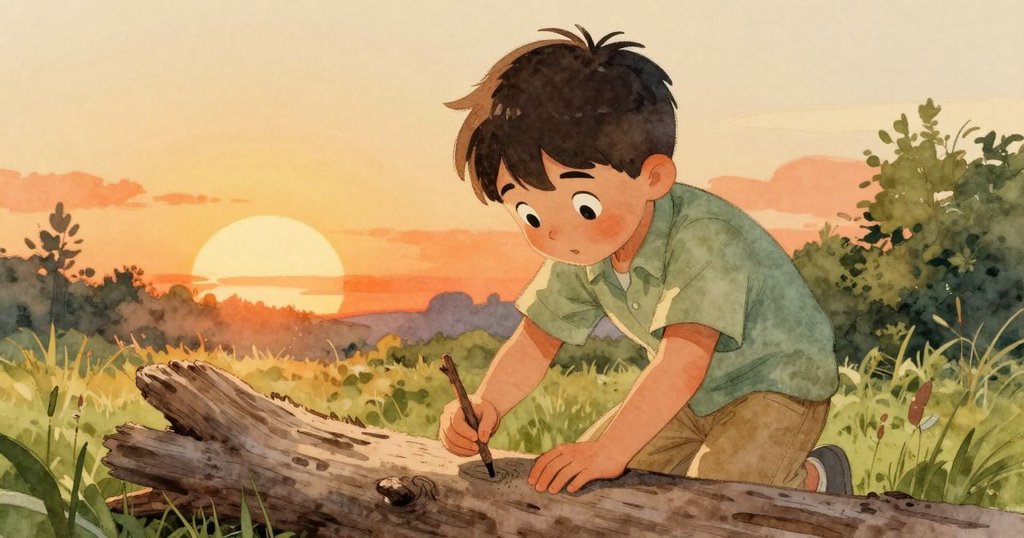 Niles坐在漂流木上用樹枝畫線，背景中Bea在忙碌挑選石頭，夕陽餘暉營造出懷舊而溫暖的景象