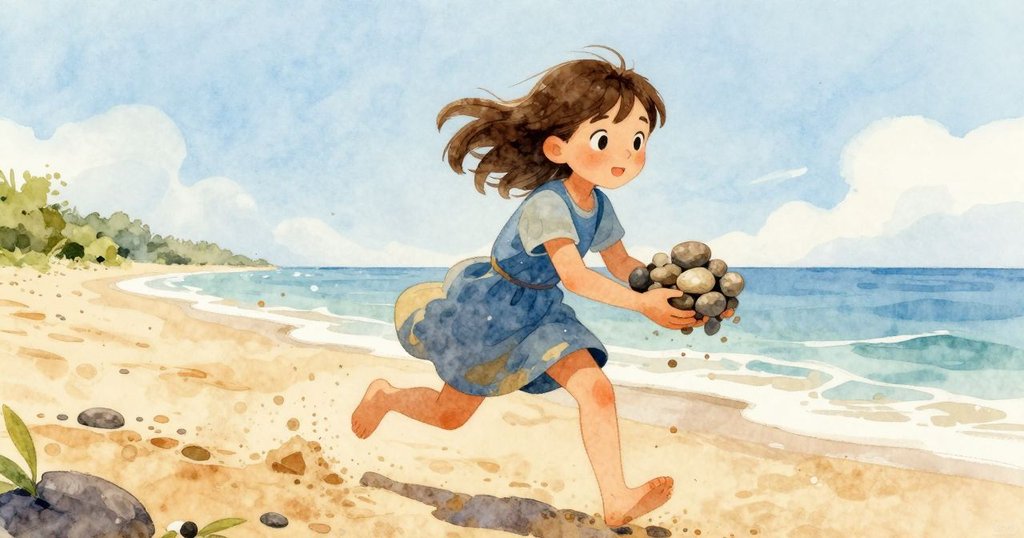 Bea在沙灘上奔跑收集石頭，動態姿態揚起塵土與水花，臉上彰顯決心與活力，展現敘事高潮