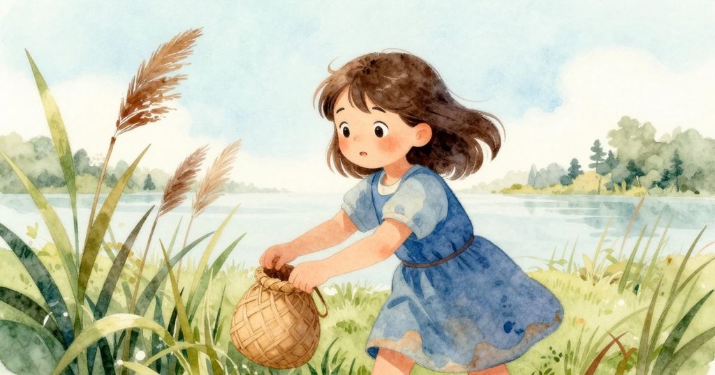 Bea靜靜將編織小袋放置於蘆葦陰影下，溫暖木料釋出輕霧，海邊景致朦朧而充滿反思，結局留白