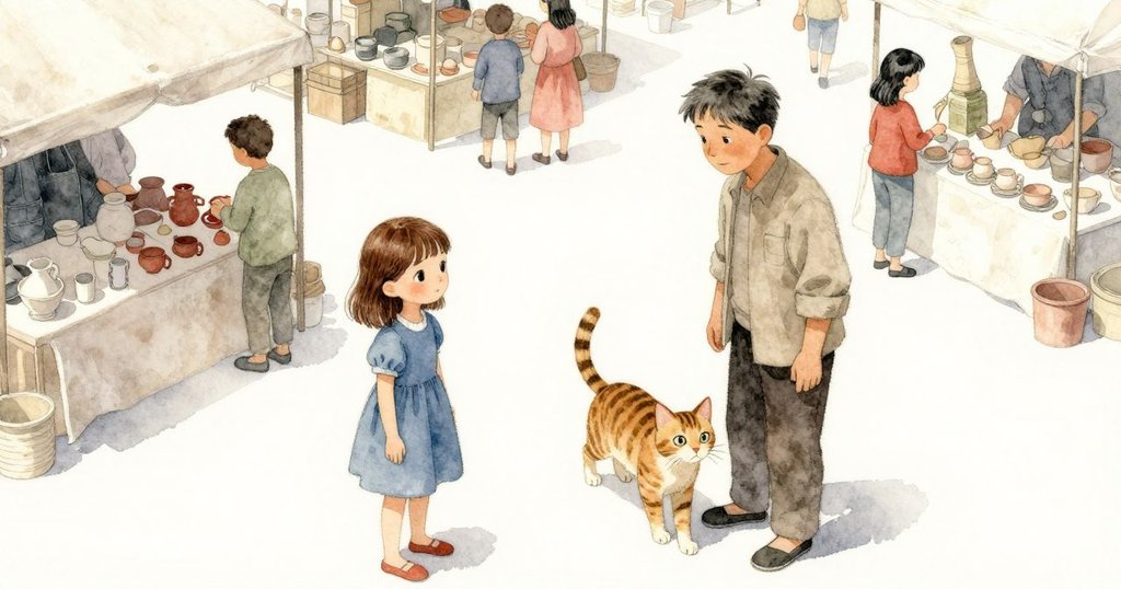 烏蘇拉與條紋貓在熙攘市集中向陶器攤走去，老攤販忙碌整理物品，鳥瞰視角展現熱鬧與溫暖氣氛。