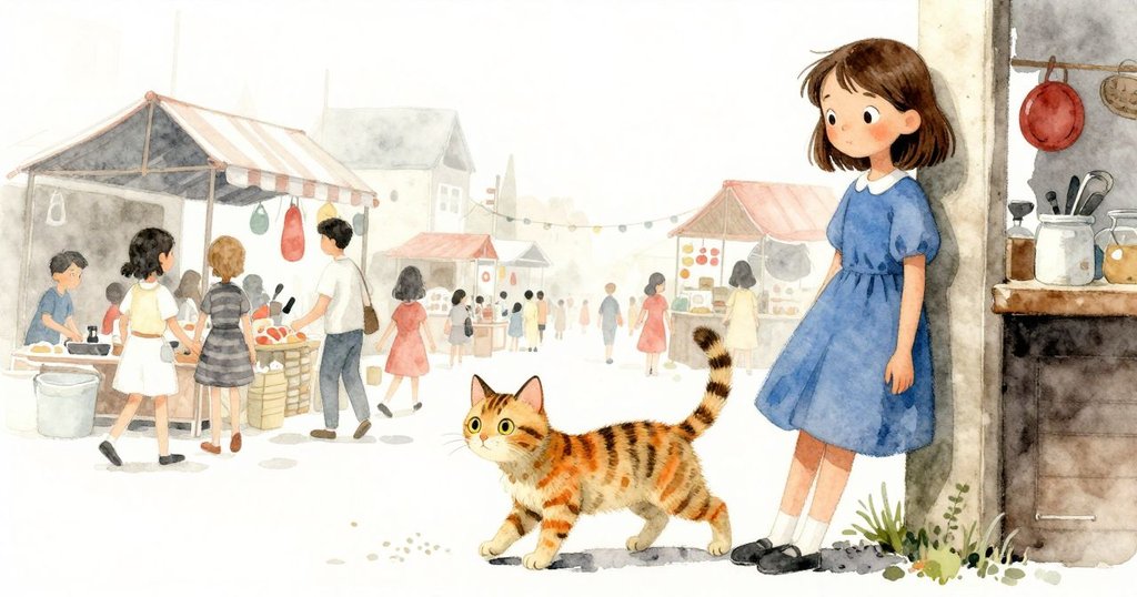 烏蘇拉倚在鋼灰柱旁緊張觀察人潮縫隙，條紋貓警覺守護，扭曲視角展現市場擁擠與動態。