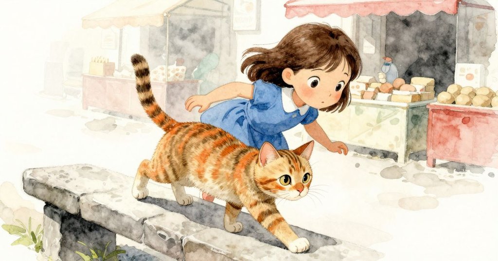 烏蘇拉爬上矮石凳尋找視野，條紋貓靈敏跟隨，背景呈現市場磚石質感與柔和自然光。