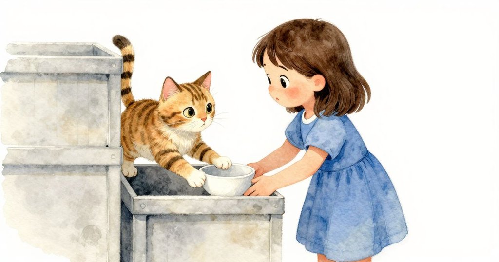 烏蘇拉小心穿過箱子取下冰白碗，神情專注堅定，條紋貓在旁留意，細膩動作展現市場冒險。