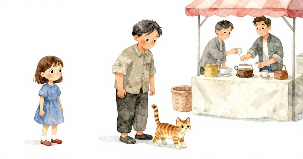 市集遠景中，薩維爾於茶攤舉杯欣賞露珠，烏蘇拉與條紋貓隱於人群中，展現市場豐富層次與溫馨氣氛。