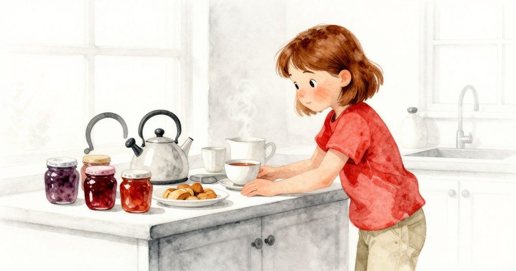 佩翠拉在傾斜的廚房中注意桌上散落的文件、果醬瓶和鍋爐蒸氣，顯得既好奇又期待