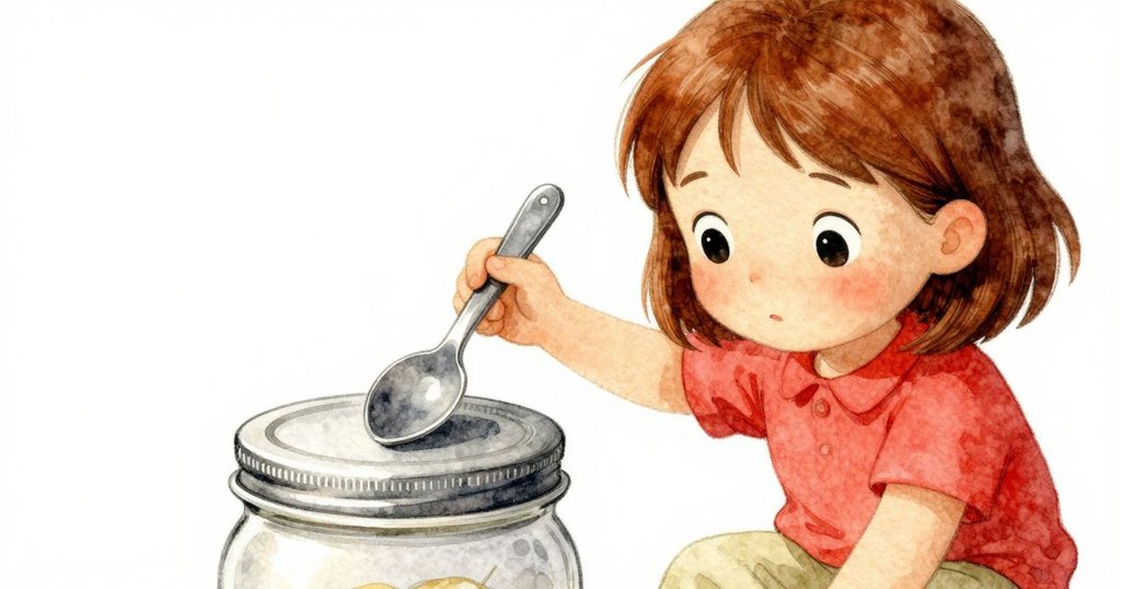 佩翠拉專注地用湯匙撬開堅固的果醬瓶蓋，特寫呈現金屬光澤及果醬細節