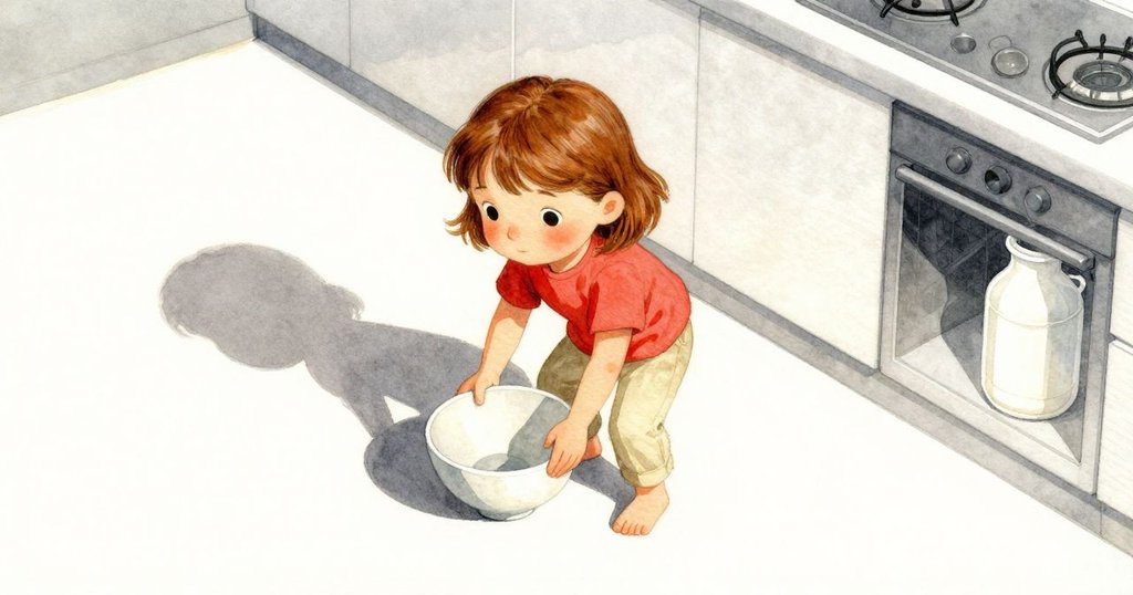 從上方俯視中，佩翠拉小心翼翼地將碗夾在果醬瓶陰影和牛奶瓶反光間，動態廚房充滿早晨光芒