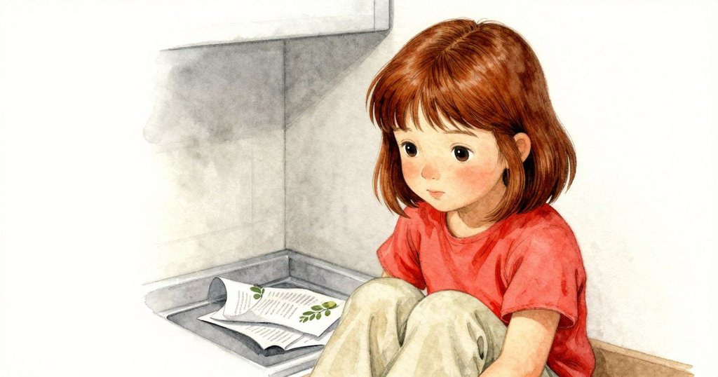 佩翠拉的手輕觸隱蔽角落中捲起的文件和半濕傳單，微光中展現細膩的廚房隱藏景象