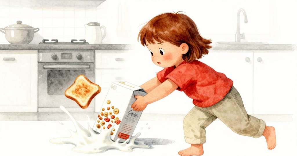 佩翠拉正用麥片盒抵住擴散的牛奶，旁邊吐司彈跳著灑落麵包屑，表情充滿決心與活力