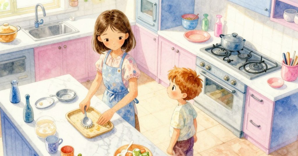 Rhea在溫馨的廚房中擺放法式薄餅，Erik坐在凳子上計算，畫面呈現自上而下的動態，充滿溫暖氛圍。