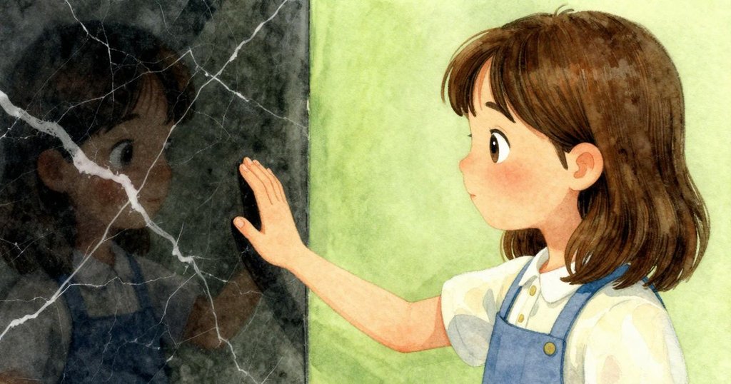 Rhea在近景中輕觸冰涼的石板，臉上流露出驚喜與柔和溫暖，廚房背景細膩呈現。