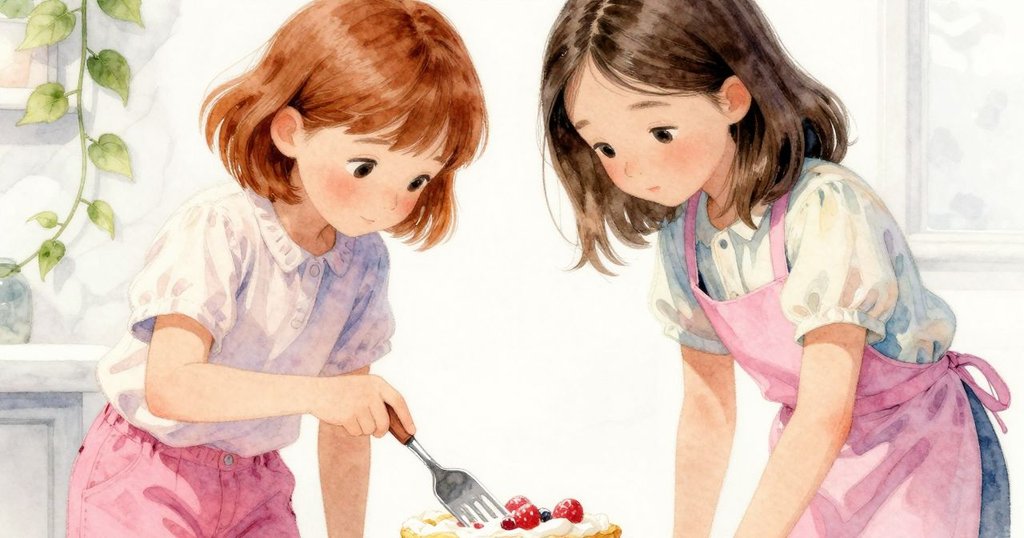 鏡頭從低處看見Rhea用刮刀調整微傾的薄餅塔，石板上隱現藤蔓紋樣，畫面充滿秘密感。