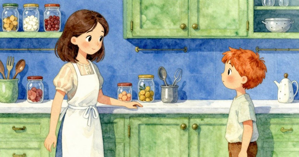 廚房側角落中，擺放整齊的香草瓶、麵粉罐和銅鎖櫥櫃，Rhea靜靜準備下一步，畫面充滿細節美。